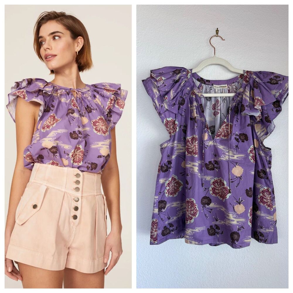 Ulla Johnson Women's Ella Flutter Sleeve Pullover Top in Purple Zinnia Size 8